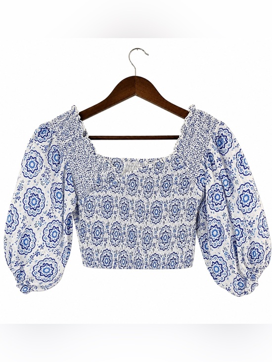 Temptations Tops - Temptation Positano Blue & White 100% Linen Smocked Puff Sleeve Crop Top Women’s